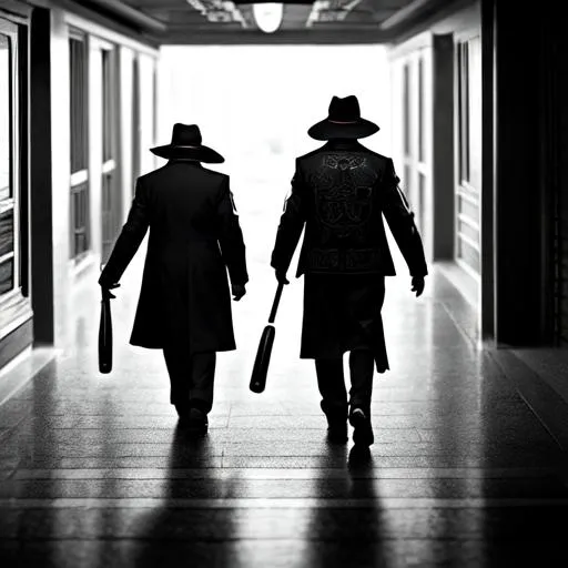 Prompt: Gangster henchmen wearing brown thug outfits and carrying baseball bats, hat, dark, noir, intricate design and details, dramatic lighting, hyperrealism, photorealistic, cinematic, cinematic noise, black and white, 8k, --ar 9:16 --s 750