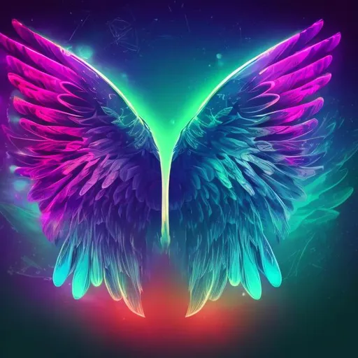 Prompt: Wings, Dark Background, Glowing Abstract Symbol in Middlespace, multiple color