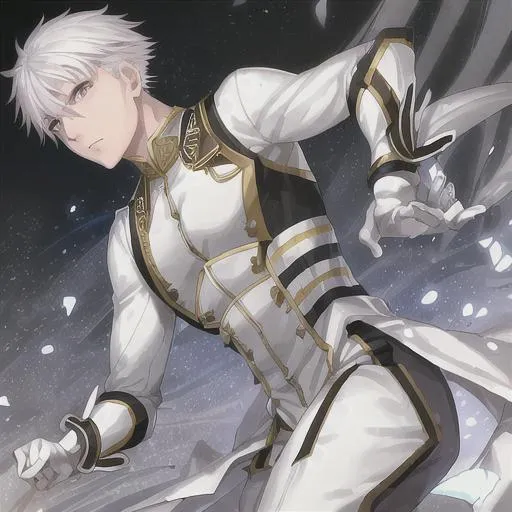 Prompt: young man, perfect face, athletic, white skin, silver hair, golden eyes, holy soldier, (military armor), battle scars, (fully body), (zoom out)