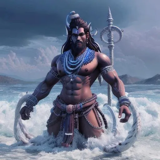 Prompt: Massive Lord Shiva standing in tidal dark tsunami armed with traditional Hindu trishul weapon, cobras around neck as necklace, battle stanced, bearded, blue skin with Hindu tattoos, hd, hyperrealism, glowing eyes, powerful aesthetic, unreal engine render, fantasy art 4k, ultra HD render, 4k digital art, 4k digital photography, motion blur, intricately detailed, cultural detail to weapons and jewelry