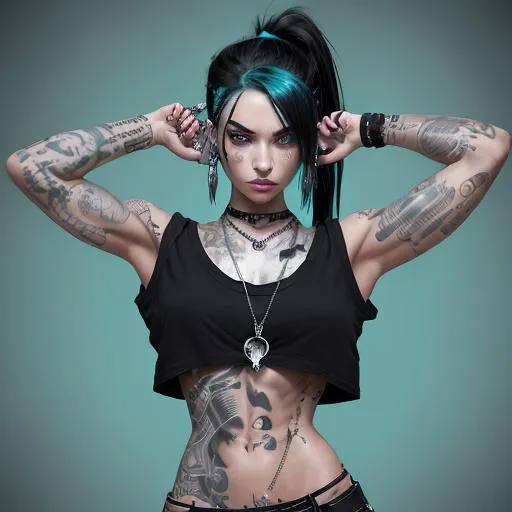 Prompt: girl with black hair with teal streaks in her hair and teal eyes with magic and tattoos on her arms and abs that are very visible  with scars and bandages on her hands  with necklace and lot of piercings in her ears and her outfit to be all black with silver accessorises with crop top shirt and cargo low waisted paints  hourglass body with very strong muses with abs that stand out