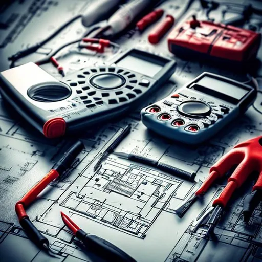 Prompt: I need a background image for electrical Engineering posts on Instagram. The image shoud be 1080x1350 pixels. A clear image showing multimeter and other electrical tools and Electronic componentes and blueprints over a workbench.
