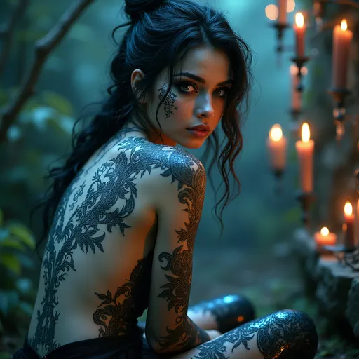 Prompt: (gothic woman),  close up side view of head and torso, kneeling at an alter and turning to look sidelong at viewer in dynamic motion, beautiful features, (big bright eyes), intricate body art, mesmerizing opalization, radiant filigree patterns, super detailed with fine intricacies, vivid color palette, (highly artistic graphic art), ethereal lighting, enchanting atmosphere, (best quality, ultra-detailed), cinematic depth, captivating elegance.