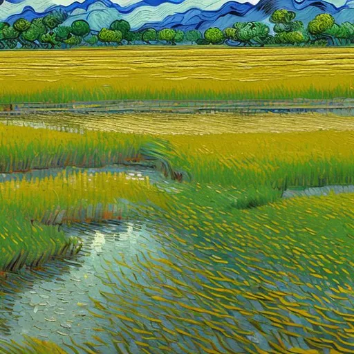 Prompt: Van Gogh style painting of rice paddy