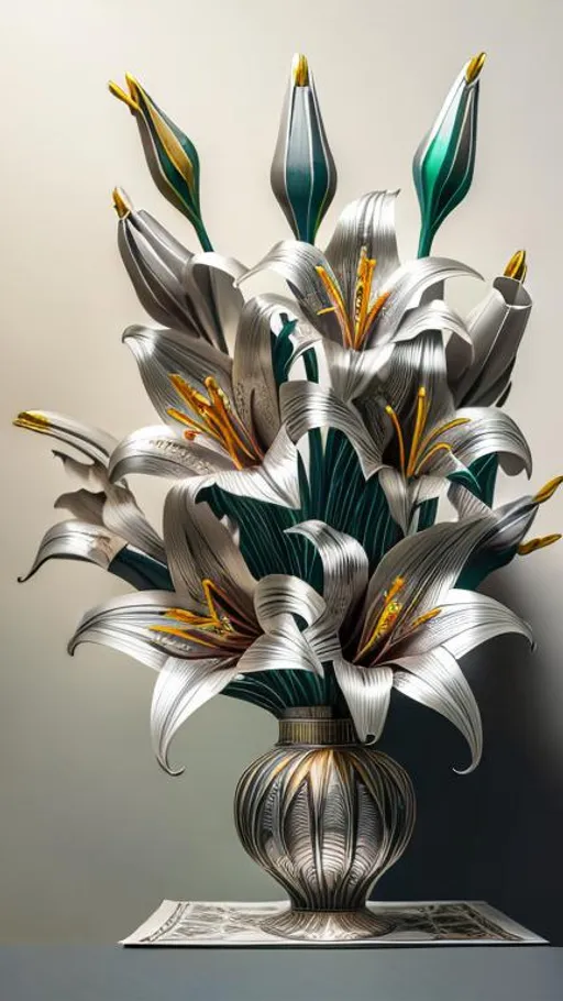 Prompt: art deco painting of silver lilies in an art deco vase, intricately detailed, colored ink flow, layered paper art, 8k 3d, high definition, octane render