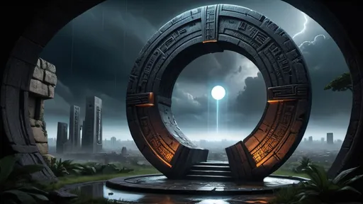 Prompt: magical portal between cities realms worlds kingdoms, circular portal, ring standing on edge, upright ring, freestanding ring, hieroglyphs on ring, complete ring, ancient babylonian architecture, gardens, ruins, turned sideways view, futuristic cyberpunk tech-noir setting, dark night, rain, stormy sky