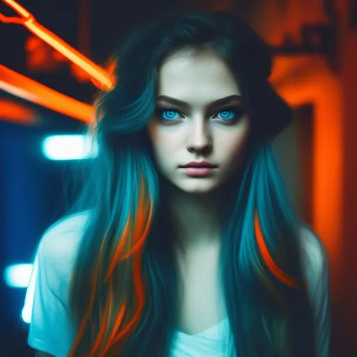 Prompt: a potrait of  aesthetically beautiful  lady long hair blue eyes neon orange ambience


