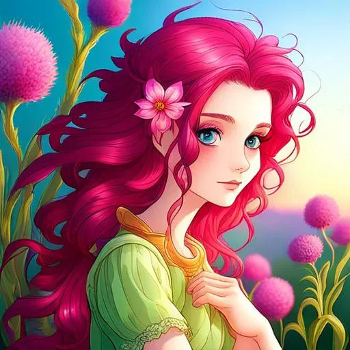 Prompt: a young fairy of spring, very curlsy hair, pink glow,  wildflowers, vivid colors, closeup