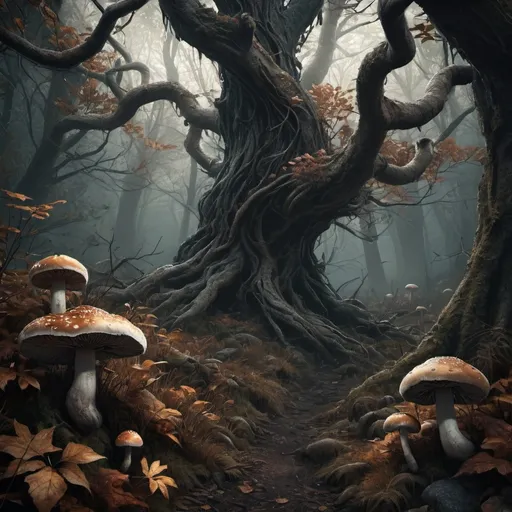 Prompt: Hyper-realistic dark fantasy dense forest, dense foliage, autumn, eerie atmosphere, detailed trees, twisted branches, mushrooms, highres, ultra-detailed, dark fantasy, autumn tones, eerie ambiance, detailed foliage, atmospheric lighting, realistic style, twisted tree branches, 3 mysterious mushrooms