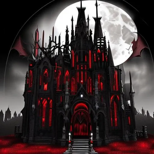 Prompt: black and red gothic church, bats, dracula castle, dark fantasy, vampire mansion, castlevania, vampire hunter d bloodlust
