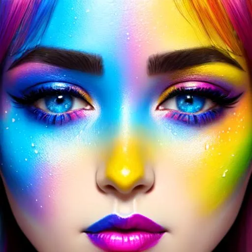 Prompt: face dripping  paint in rainbow colors, blue eyes, yellow lipstick facial closeup