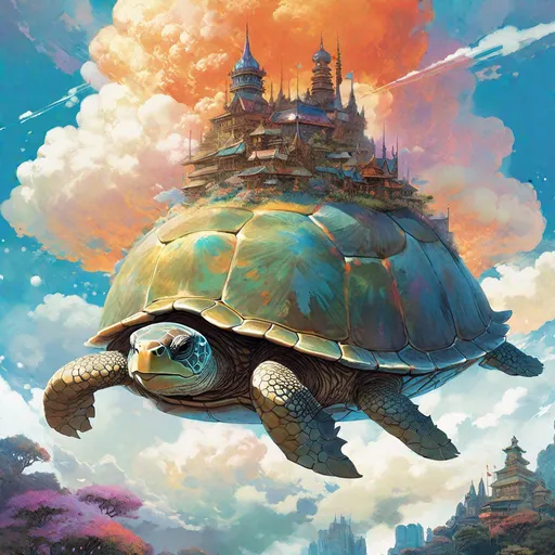 Prompt: "shot of a giant cloud turtle in the sky with a cloud kingdom on its back: clouds: bright: cloud castles: spires: vibrant: wispy: fantastical: watercolor by heikala: by yoshitaka amano, ismail inceoglu, Steven spazuk, victo ngai: hyperdetailed: 8k resolution splash art: concept art: album cover art: fantasy: by Bella Kotak: intricately detailed: bright colors"