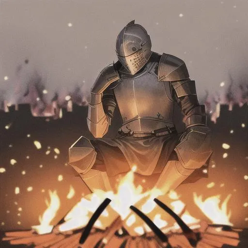 Prompt: Knight with helmet  sitting next to bonfire