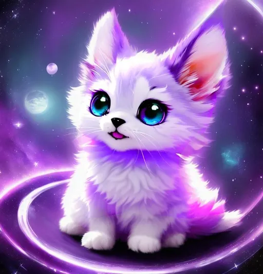 Prompt: Cute, purple, fluffy, fantasy space kitten, with starry, purple eyes, purple fur, and possessing the element of space and making circles of stars
 move around in the air in a magical way, in a space background. Perfect features, extremely detailed, realistic. Krenz Cushart + loish +gaston bussiere +craig mullins, j. c. leyendecker +Artgerm.