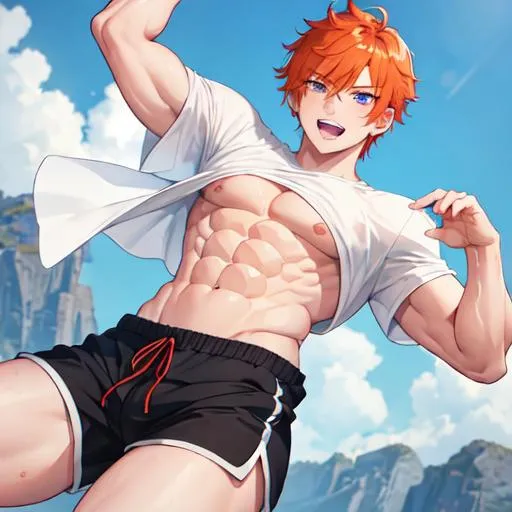 Prompt: Erikku male (short ginger hair, freckles, right eye blue left eye purple) muscular, UHD, 8K, Highly detailed, insane detail, best quality, high quality. hands in the air, wearing a t-shirt and shorts