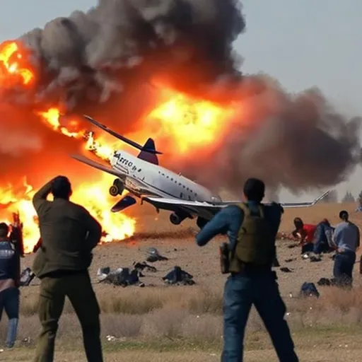 Prompt: an airplane on fire and terrorists trying to shoot the plane
