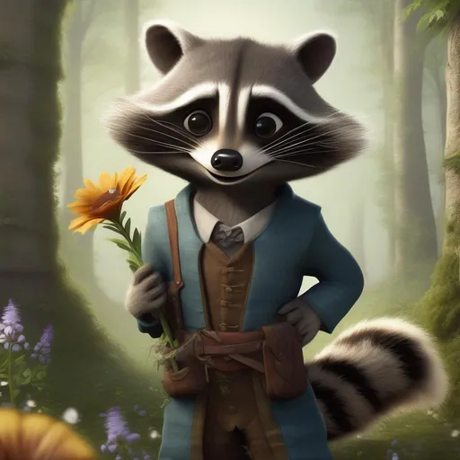 Prompt: anthropomorphic, raccoon, realistic, human proportions, forest, botanist, flowers in tail, fluffy tail, huge smile, medieval, high definition, professional