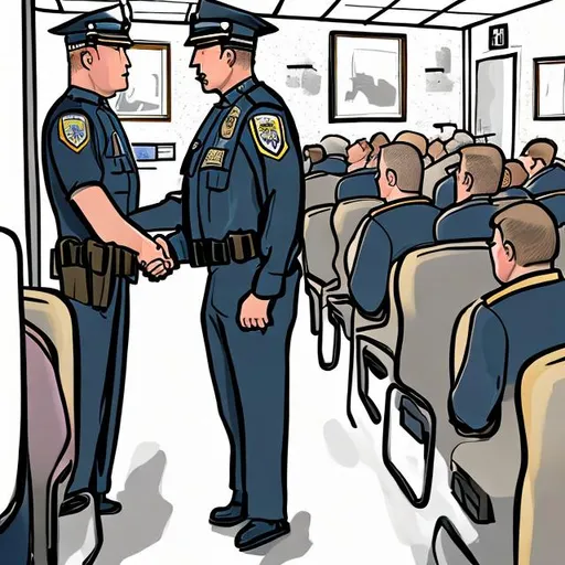 Prompt: I want illustration
Please illustrate officer John  who just  came to the very large K9 Unit room.  He has a cop jacket on since it is March and chilly. Sergeant Anthony came to shake his hand when he entered the room.  Behind the hand shaking is the view of a Dais filled with 10 seats filled with cops and 2 vacant seats (seat # 5 and #6 for John and Seargent Anthony). 