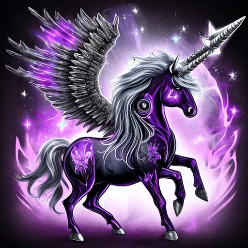 Prompt: Purple and black unicorn with silver hair warrior on its back


