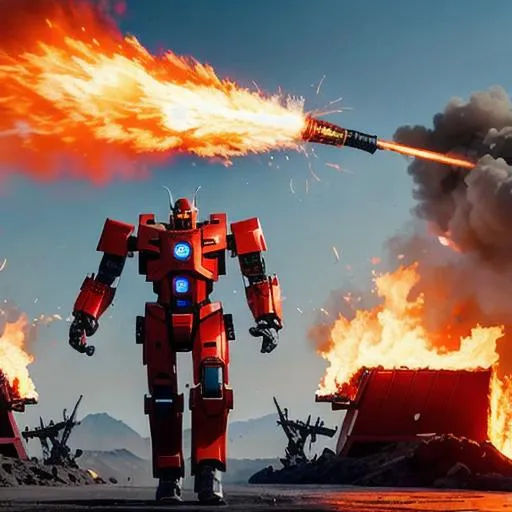 Prompt: Giant robot with flaming sword, attack, extreme explosion, cyber war, hd ultra 4k, cinematic, hyper-realistic