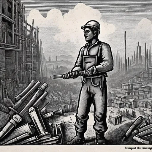 Prompt: An image of a worker, with tools in hands, in the style of an old black and white postcard. The worker points his right arm in the distance, giving instructions. You can see buildings under construction behind him.