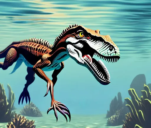Prompt: Anthro velociraptor swimming underwater swimming underwater