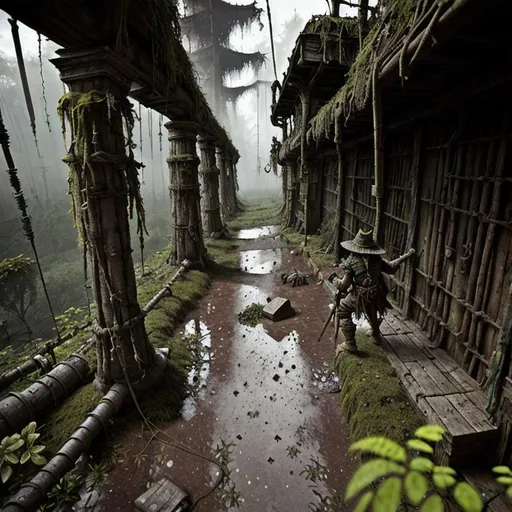 Prompt: dirty, eerie goblins,  ragged cloak, belts and pouches, spear,  mossy, decaying, rusty and worn,  intricate detail,  show antennas and wires and circuits, old apocalyptic city wasteland overgrown by oppressive huge forest, vines, plants and roots growing, cracking through walls, 3d render,  high detail,