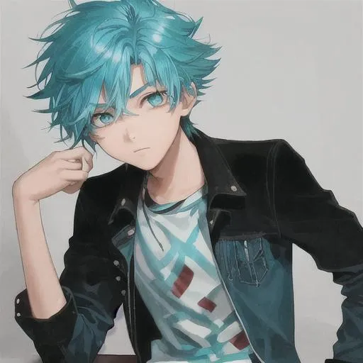 Prompt: A 17-year-old boy, with turquoise hair and eyes