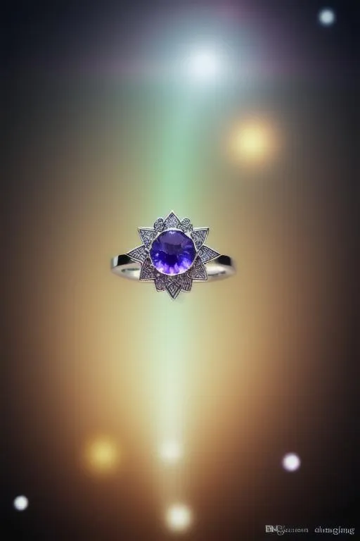 Prompt: magic ring, star energy, blue, violet, cosmic, star breaking out of ring, floating, round, circle, accessoire, dark universe background