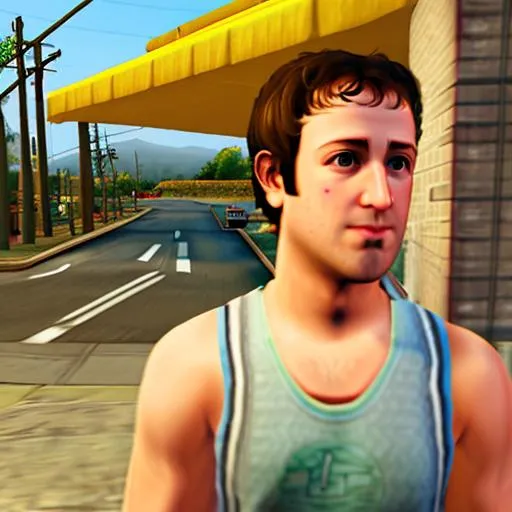 Prompt: Grand Theft Auto San Andreas (2004) cutscene featuring Mark Zuckerberg cosplaying as CJ Carl Johnson from GTA San Andreas, white sleeveless tanktop, player model, grove st, mod, focus on face, protagonist, ghetto, ps1 gameplay, Dreamcast graphics, San Andreas Mod, GTA SA, Compton, Ps2