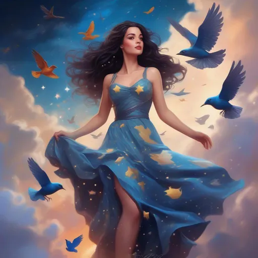 Prompt: A colourful, beautiful brunette, Persephone, in a beautiful flowing dress made of stars in the clouds with birds flying around. In a photorealistic painted Disney style and marvel comics style.