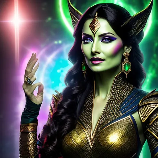 Prompt: High-resolution hyperrealistic image of shiar-empress-lilandra-neramani merged with skrull-empress-r'klll, {{green skin}}, {{pointed ears}}, feathered hair, marvel-comics, photorealistic, uhd, hdr, 64k