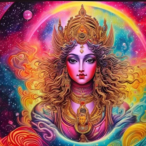 Prompt: (Master piece) a breath taking view of beautiful and gorgeous cosmic goddess surrounded by gold,pink and cosmic space dust beautiful multi colourful vibrant colours breath taking view (master piece)