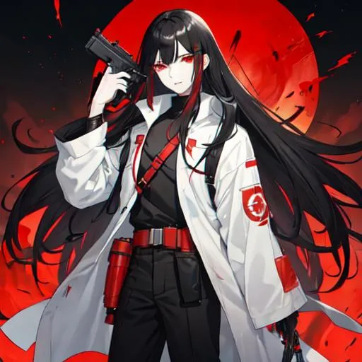 Prompt: 1male (pale) long black hair) (red eyes) holding a gun, nuclear fallout