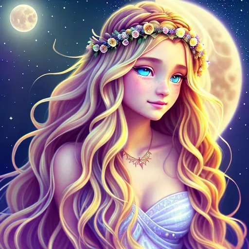 long wavy blonde hair, goddess with flower crown, cu... | OpenArt