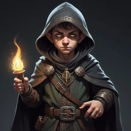 Prompt: a small lightfoot halfling with a light skin as if it was glowing and magical light eyes. He's also wearing a cursed talisman around his neck. He is also a thief and wearing a hoody. He has also lived a rough live and is a bit of a dark person. He also wears his thieving tools around his belt together with a dagger. Make sure he has his hood over his head and make him a bit more evil tainted by the cursed amulet around his neck. Make sure the dagger is visible and make him evil with some smoke around him. Make sure the Talisman around his neck is cleary visible
