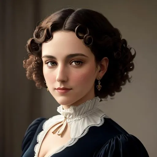 Prompt: An attractive 35 year old woman with very curly hair, elegant, Victorian era, 19th century, facial closeup, in color