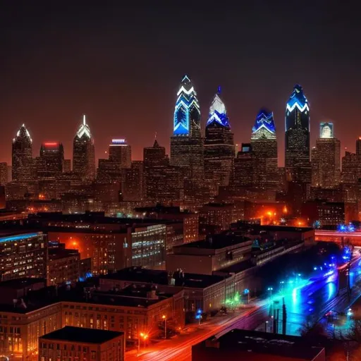 Prompt: philadelphia skyline at night cyberpunk style
