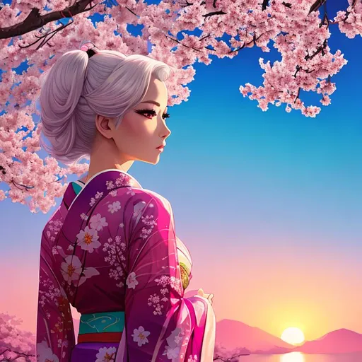 Prompt: nsfw,draw me a beautiful girl wearing a multicolored transparent kimono, looking off at the sunrise. retrowave aesthetic, white hair, colorful, sakura tree, high resolution background,