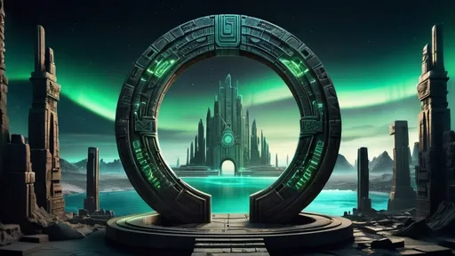 Prompt: magical portal between cities realms worlds kingdoms, circular portal, ring standing on edge, upright ring, freestanding ring, hieroglyphs on ring, complete ring, ancient aztec architecture, atlantis city plaza setting, aurora borealis, panoramic view, dark night, futuristic cyberpunk tech-noir setting