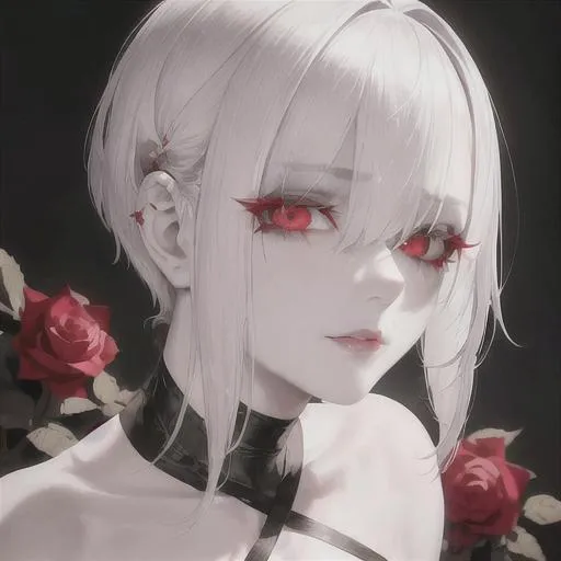 Prompt: "A close-up photo of a gorgeous short pure white haired woman, predator like red eyes, in hyperrealistic detail, with a slight hint of loneliness in her eyes. Holding a decaying rose. Her face is the center of attention, with a sense of allure and mystery that draws the viewer in, but her eyes are also slightly downcast, as if a sense of loneliness is lingering in her thoughts. The detailing of her face is stunning, with every pore, freckle, and line rendered in vivid detail, but the image also captures the subtle emotions of loneliness that might lie beneath her surface"