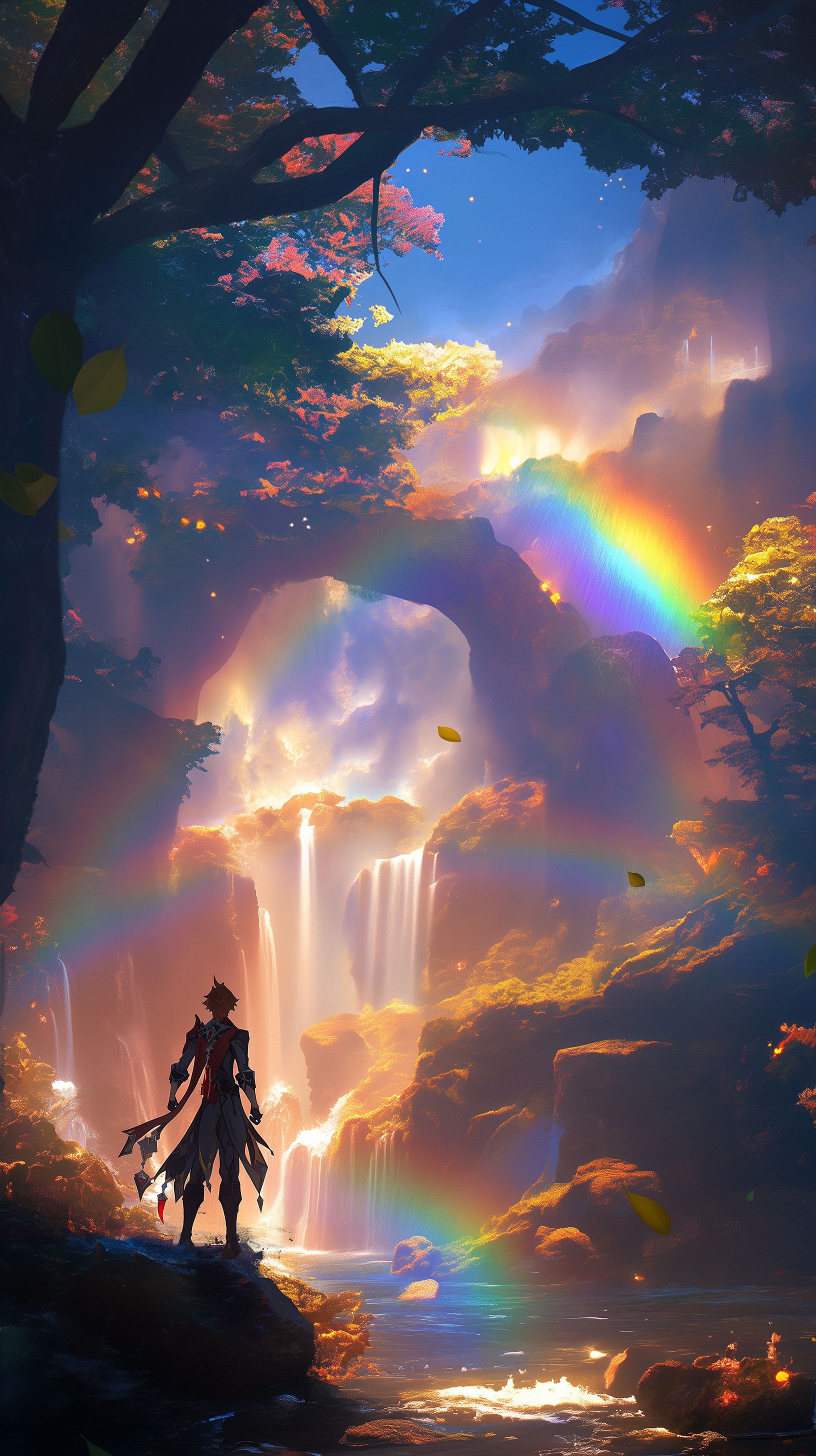 Prompt: Tartaglia from Genshin Impact shaped as a prisom with light shining through it and around it making bright rainbows as a waterfall rights behind it defracting the light in even more rainbow directions, water color and pastal, brush strokes, beautiful --ar 9:16 --niji 6 