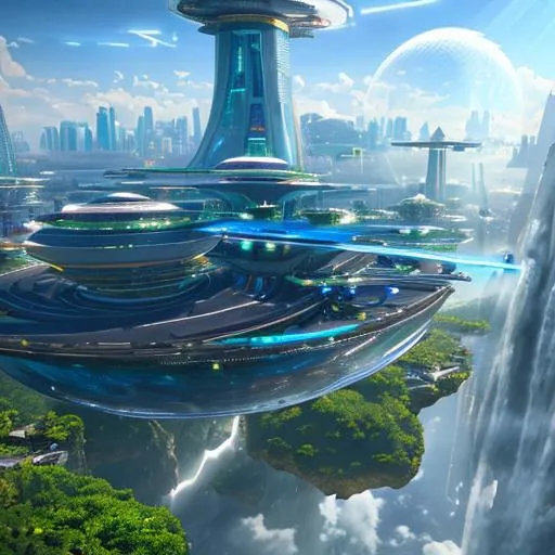 Prompt: Ultrarealistic 8k Portrait of futuristic utopian city floating on a cloud with waterfall, busy city sky, flying space ships, paradise, peaceful and modern, minimalistic, big windows, natural lighting, plants, cyber punk, Sci-Fi, lots of details rendered in Unreal Engine 5hand holding electric energy ball clear crystal particles rendered in the style 3d dragon ball z,Unreal Engine 5, 