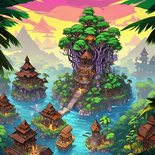 Prompt: Generate a vibrant and enchanting home screen for a tower defense game with an art style reminiscent of Clash of Clans. The scene should prominently feature traditional Borneo longhouses adorned with intricate carvings. The longhouses should be nestled within a lush, vibrant jungle setting, with towering ancient trees and lush foliage in the background. The carvings should depict intricate Borneo motifs and symbols, adding cultural richness to the scene. Ensure that the overall ambiance conveys a sense of wonder and adventure