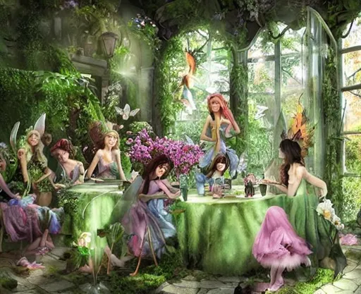 Prompt: 10 Fairies sitting at tables, laughing talking and dancing in a dark fantasy natural cafe, with flowers, deep green plants, rays of light entering through beautiful tall windows. 