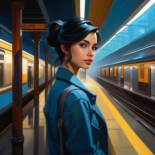 Prompt: Third person, gameplay, young woman, pale olive skin, black hair, dark brown eyes, modern subway station, blue-ish atmosphere, cartoony style, extremely detailed painting by Greg Rutkowski and by Henry Justice Ford and by Steve Henderson 