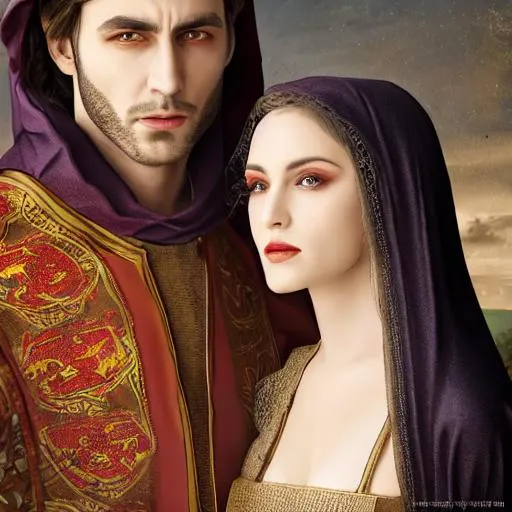 Prompt: medieval painting couple vampires,  hd , 8k, , hyper realism, Very detailed, zoomed out view, full character in view, no cloths, romance, vampire, realistic, standing, detailed face, master piece