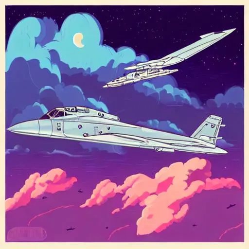 Prompt: In a style of synthwave, draw me a planete with military plane in the atmosphere
