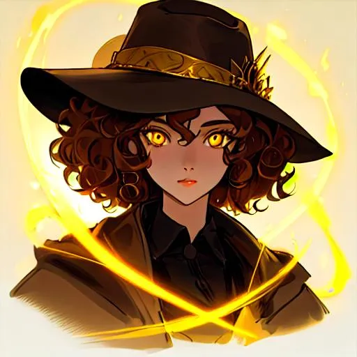 Prompt: Young female human with yellow glowing eyes, very short light brown curly hair. A large hat on top
Character portrait