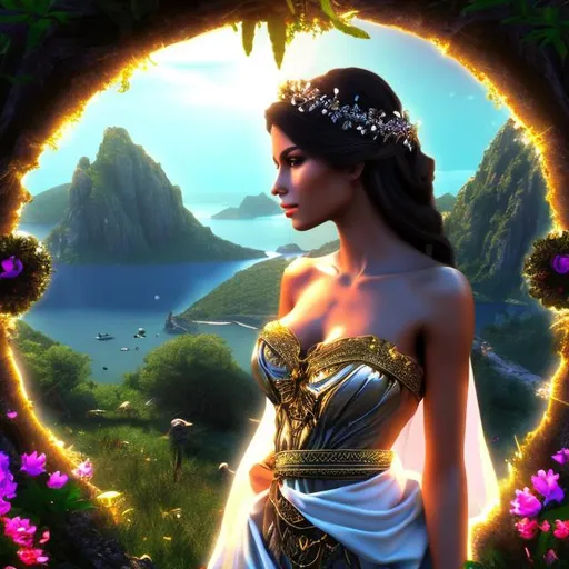 Prompt: HD 4k 3D 8k professional modeling photo hyper realistic mysterious gothic beautiful women ethereal greek goddess of deceit and lies
brown straight hair dark eyes gorgeous face brown skin  shimmering dress with sash tiara with veil winged feet full body surrounded by magical glowing light hd landscape background island of crete jungle vegetation beetles and smoke